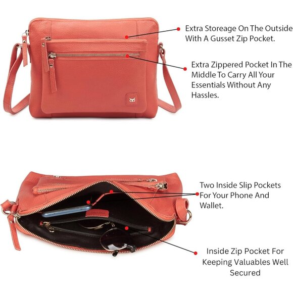Women Coral Imported Leather Polyester Crossbody Sling Shoulder Crossover Bag - Picture 4 of 6